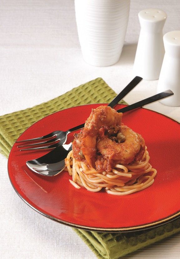 spagheti me garides saltsa ntomatas kai kapari