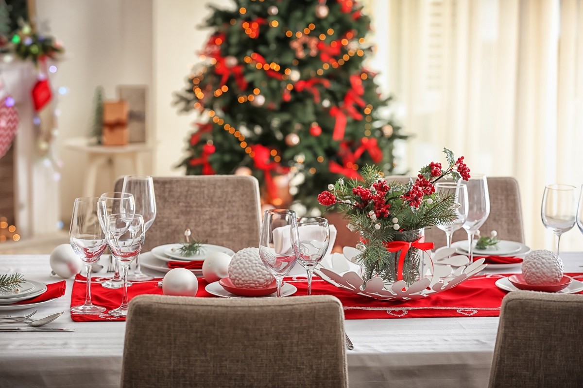 Table served for Christmas dinner in living room