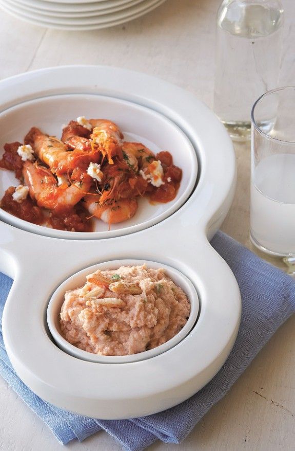 ouzato saganaki me garides kai kavourosalata me tarama