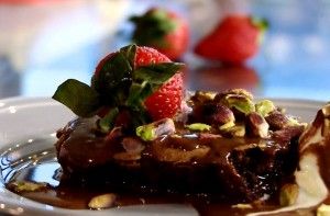 Olive oil and pistachio fudge brownie