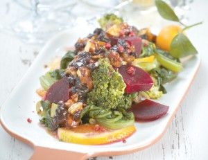 Warm vegetable salad with kumquat pesto