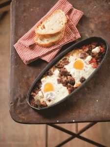 Kavurma, tomato, feta and egg saganaki