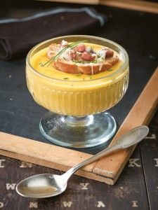 Hearty potato and leek soup with cheese-pancetta bruschetta
