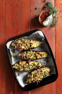 Stuffed eggplant “boats” with squid and veggies