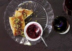 Phyllo wrapped feta cheese with red wine and fig sauce