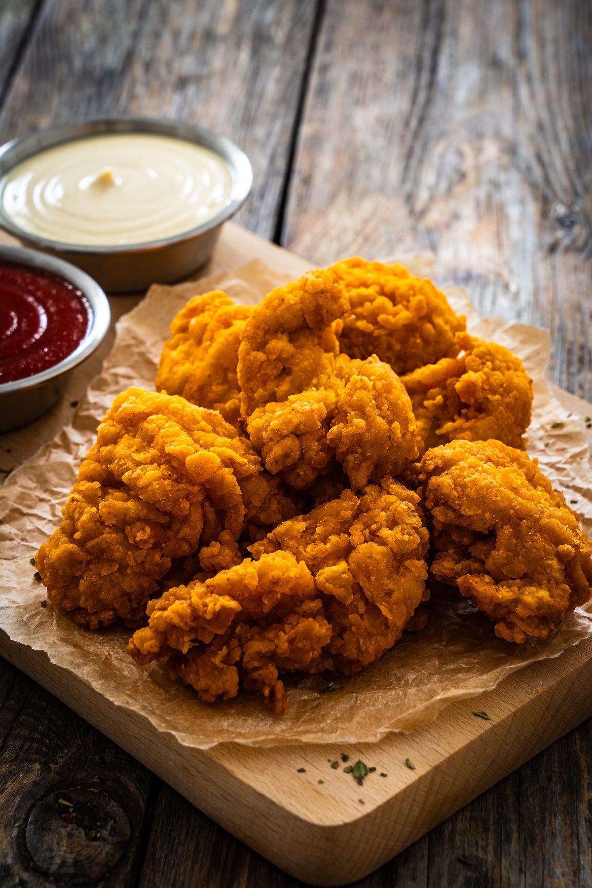 Fried,Breaded,Chicken,Nuggets,Served,With,Fresh,Vegetables,On,Wooden