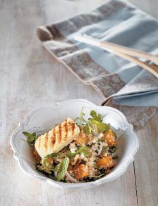 Roast squash, quinoa and haloumi salad with honey dressing