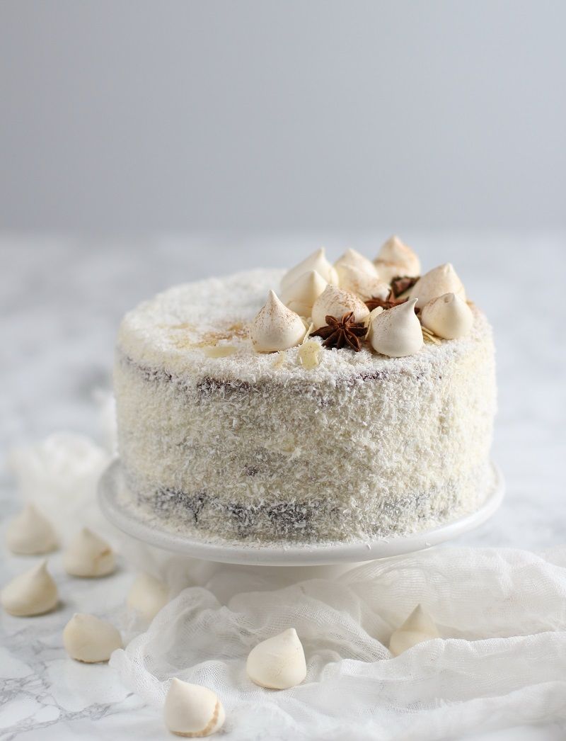 70198051 – cake with coconut frosting and gentle decoration on white background