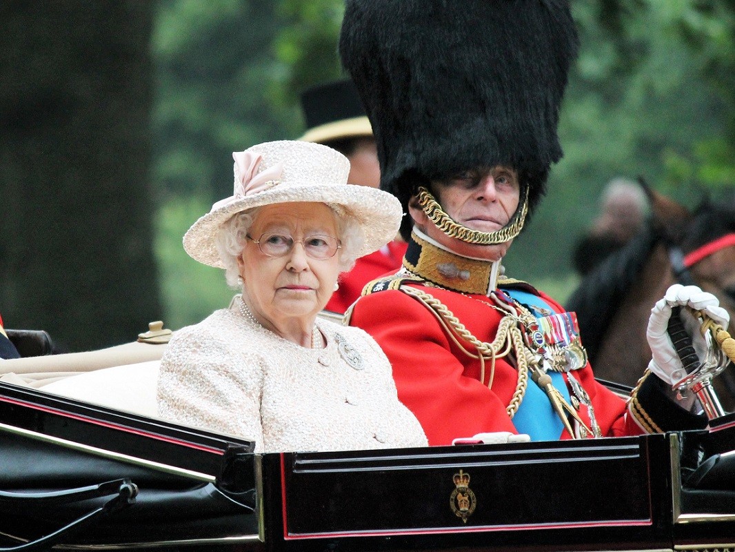 London, UK – June 13 2015: The Queen Elizabeth and Prince Phillip appear during Trooping the Colour ceremony