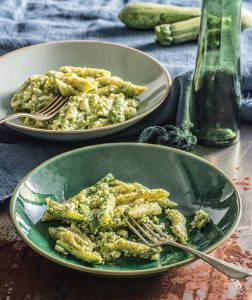 Penne with courgette, feta and dill pesto