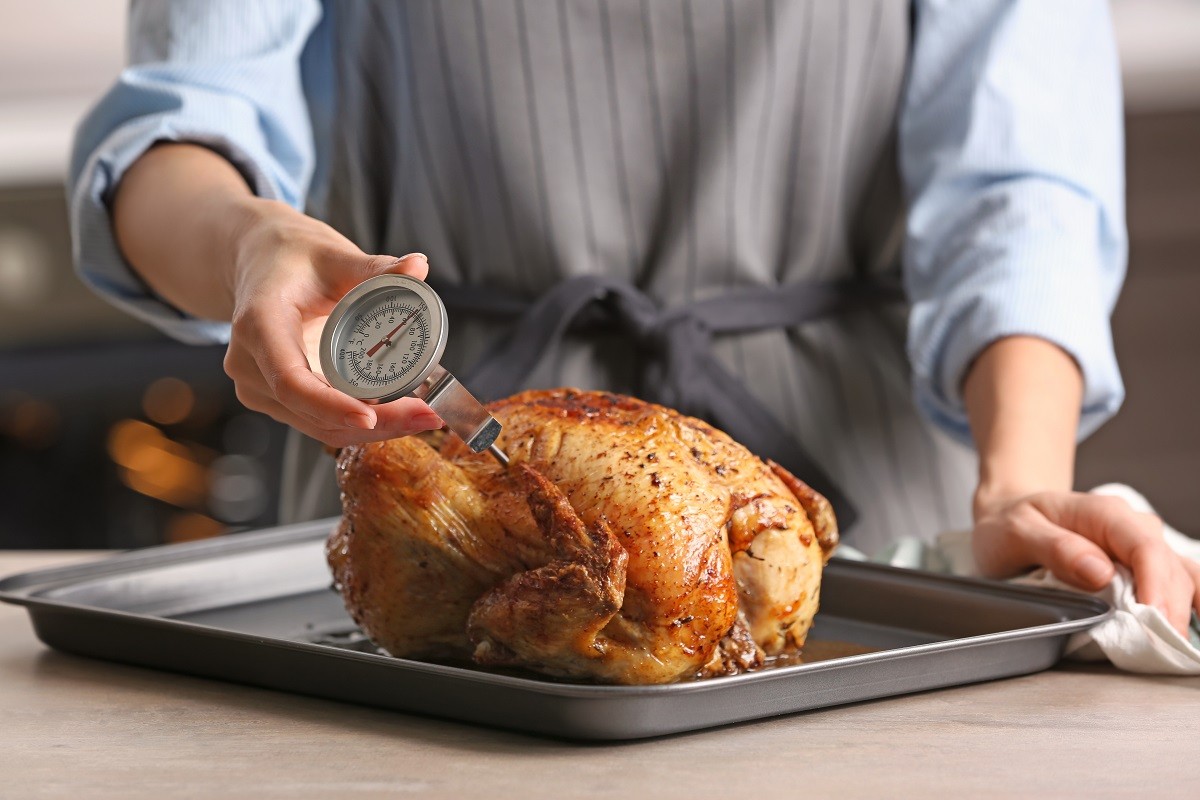 Young woman measuring temperature of whole roasted turkey with meat thermometer