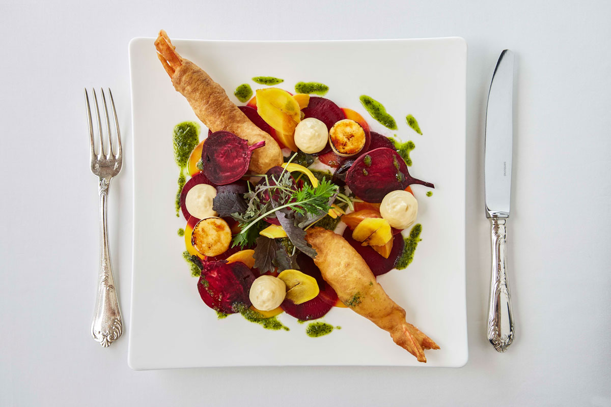 Shrimp-‘tempura’-with-beetroot-salad,-warm-mandarin-scented-mayonnaise,-pesto-sauce-made-of-local-greens-‘stamnagathi’-and-‘feta’-cheese_23634