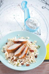 Lemony chicken with pilaf and yogurt