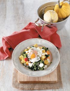 Sweet potato and pumpkin, with spinach, feta and poached egg