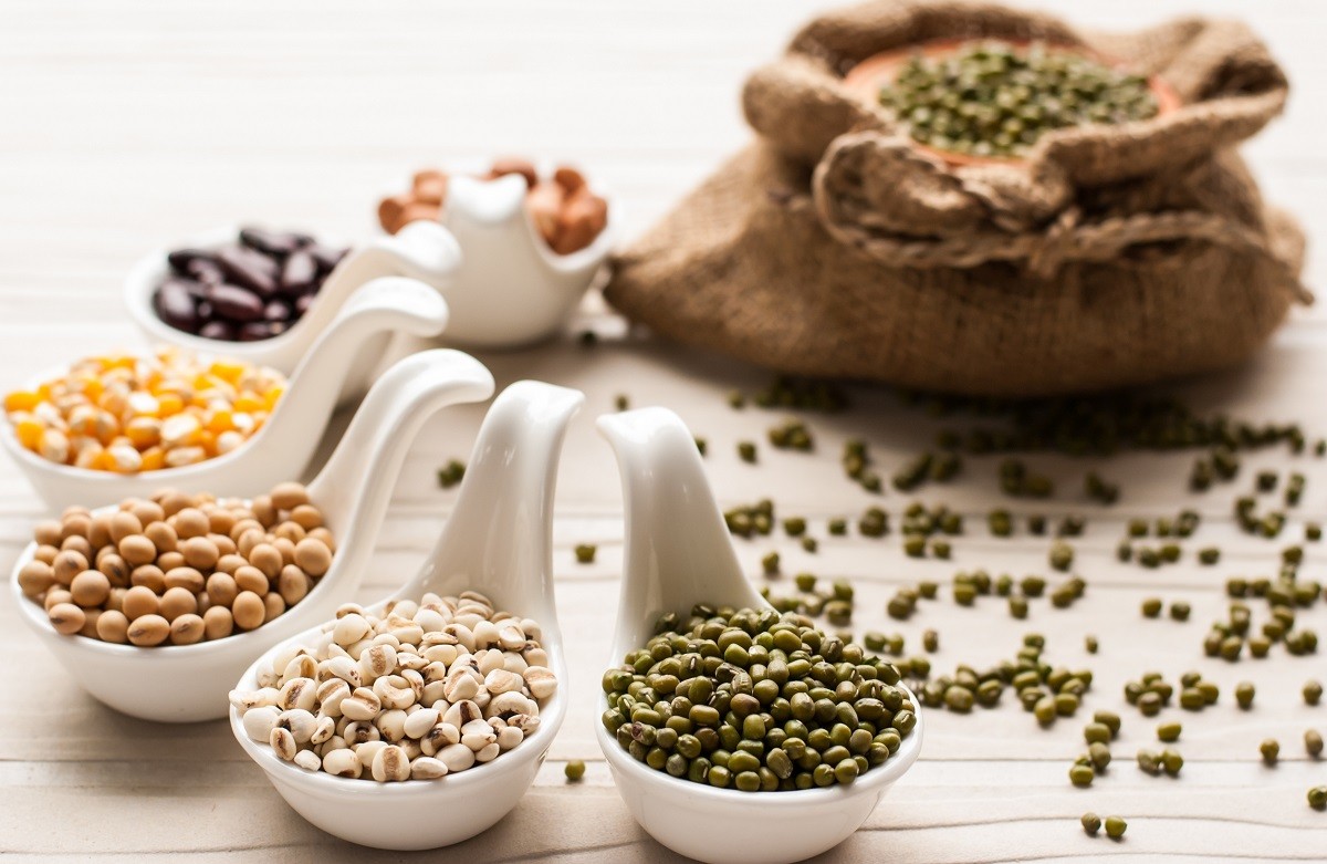 collection set of beans, legumes, peas, lentils on ceramic spoon