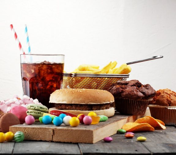 Unhealthy products. food bad for figure, skin, heart and teeth. Assortment of fast carbohydrates food.