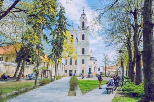 Spring in Lithuania. View city and old castle ruins.