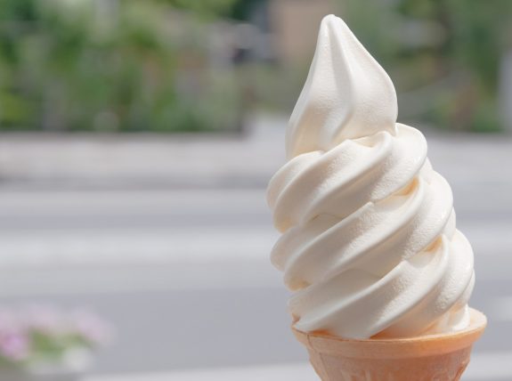 soft butter ice cream on cone, selective focus