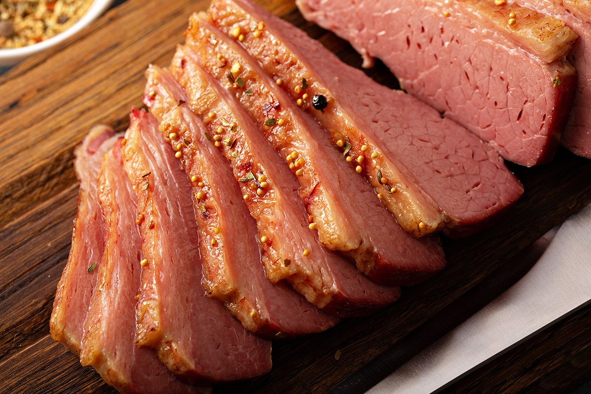 Homemade corned beef sliced