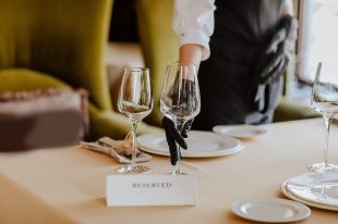 Lunch tablecloth with received name plate in restaurant.