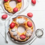 Tasty easter bread. Easter bread and red eggs. Italian easter bread