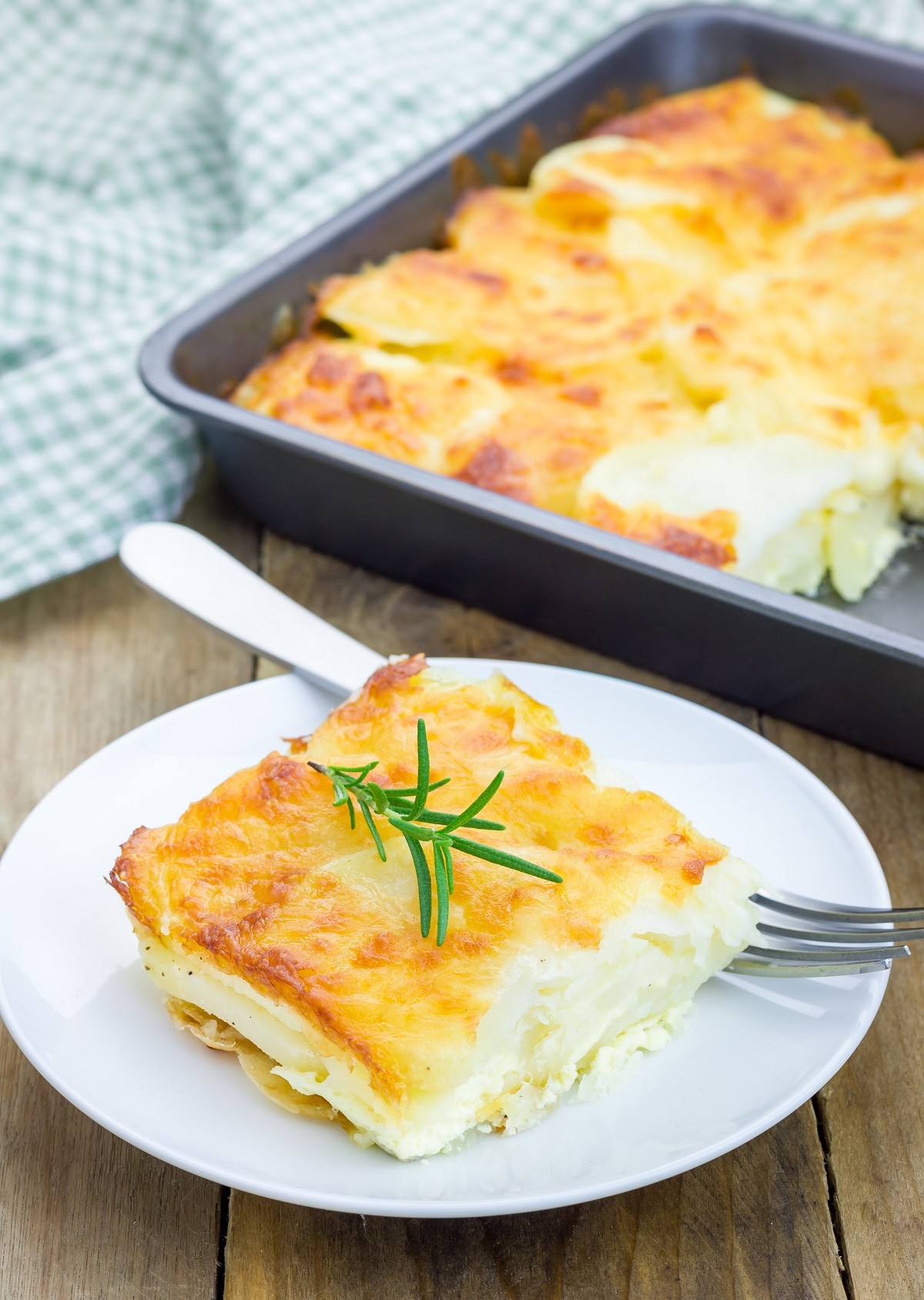 Potato gratin on a white plate