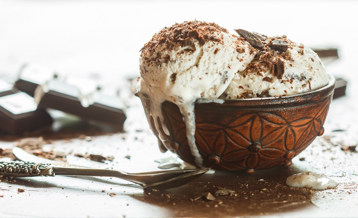 Homemade vanilla ice cream with chocolate chips. Refreshing dess