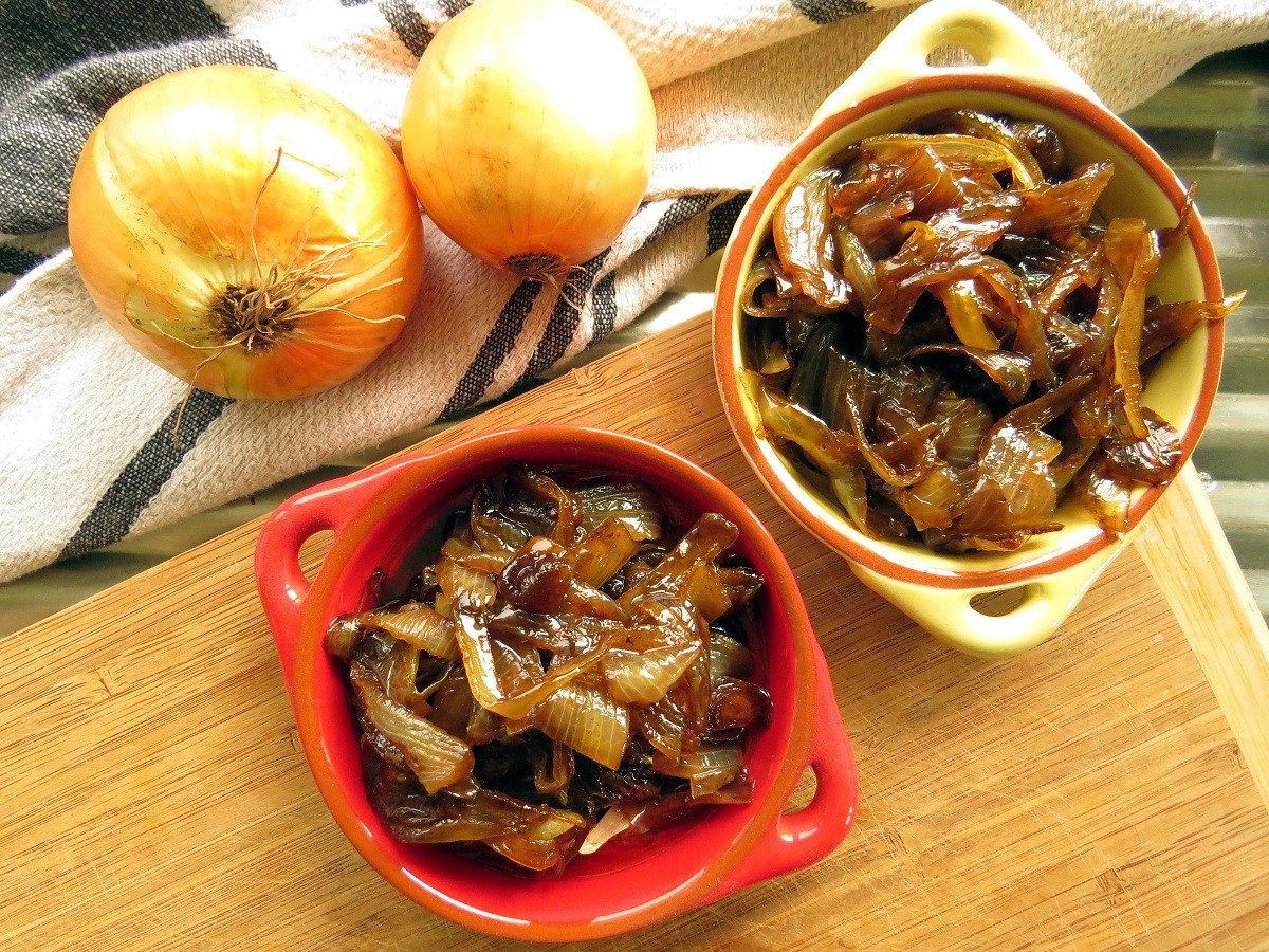 62063742 – home made caramelised onion in colourful bowls