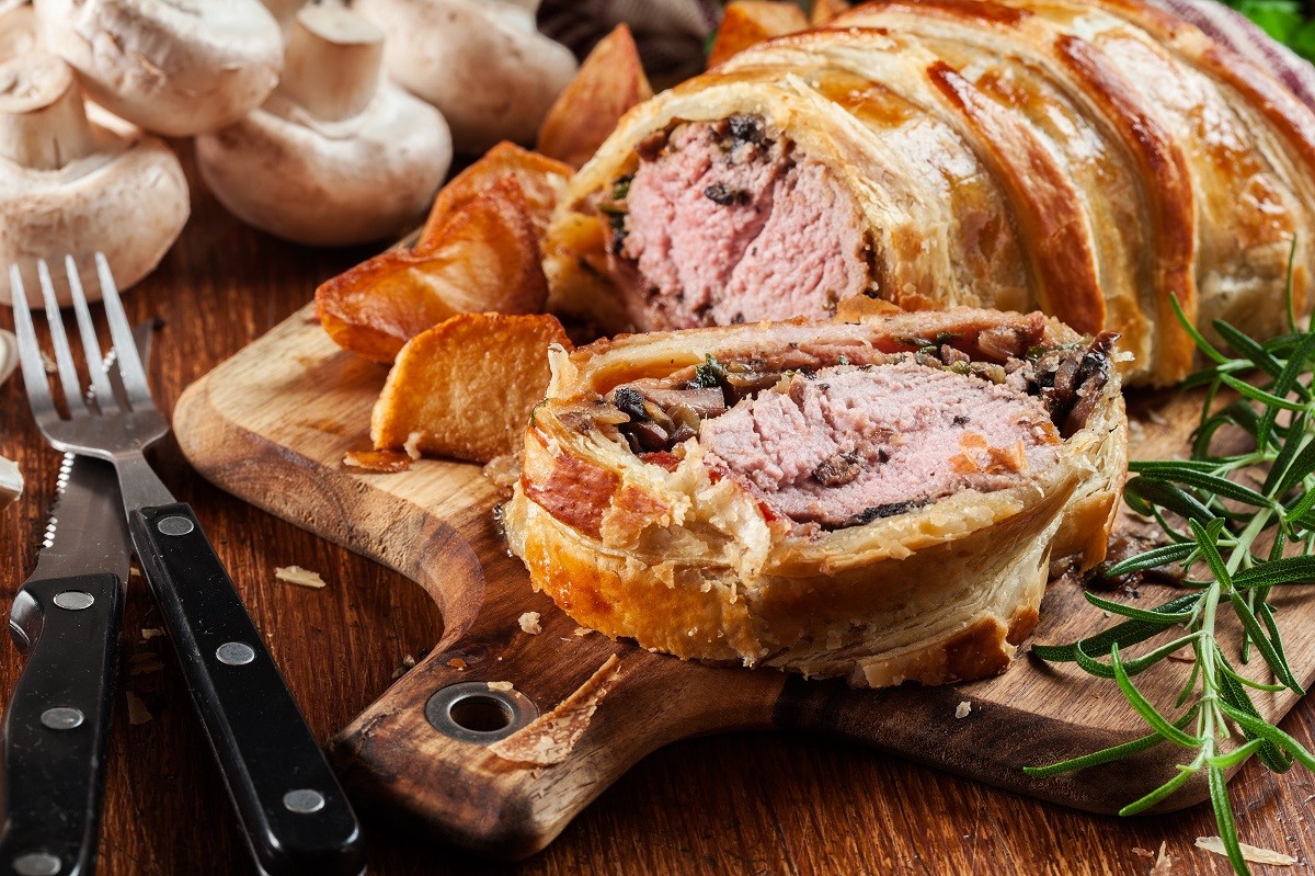 Pork tenderloin in wellington style in puff pastry