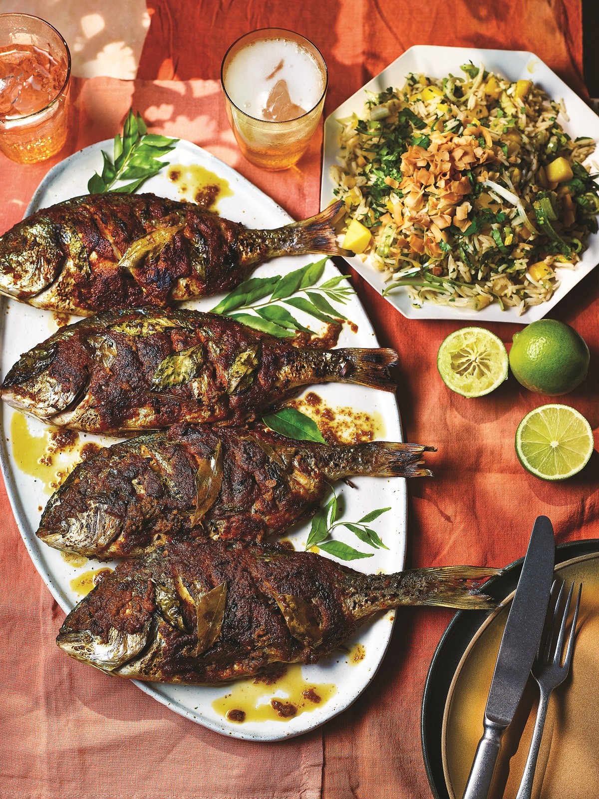 BBQ masala fish with a rice, mango and coconut salad