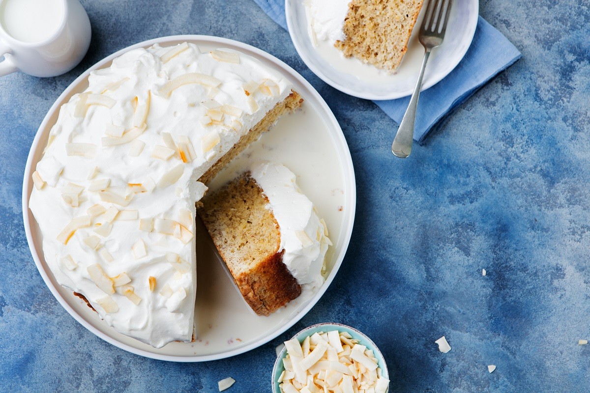 Three milk cake, tres leches cake with coconut. Traditional dessert of Latin America