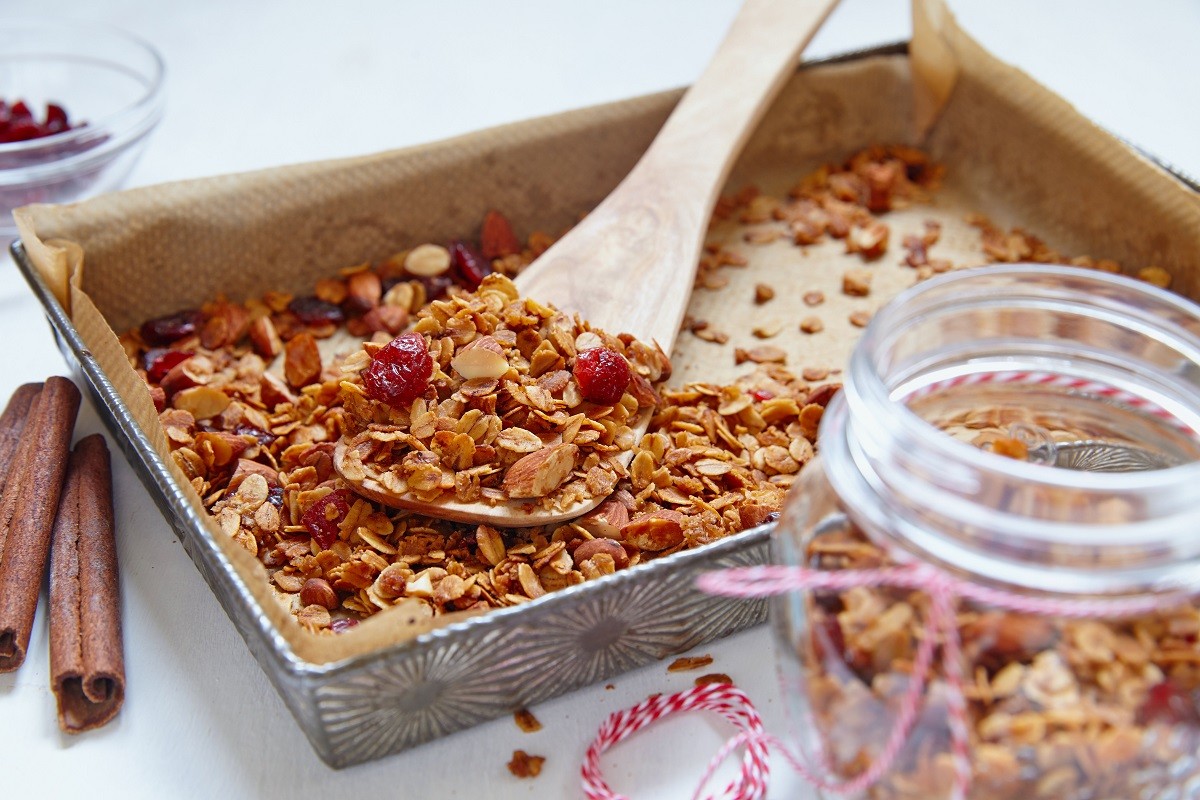 Homemade granola, muesli in a baking pan.