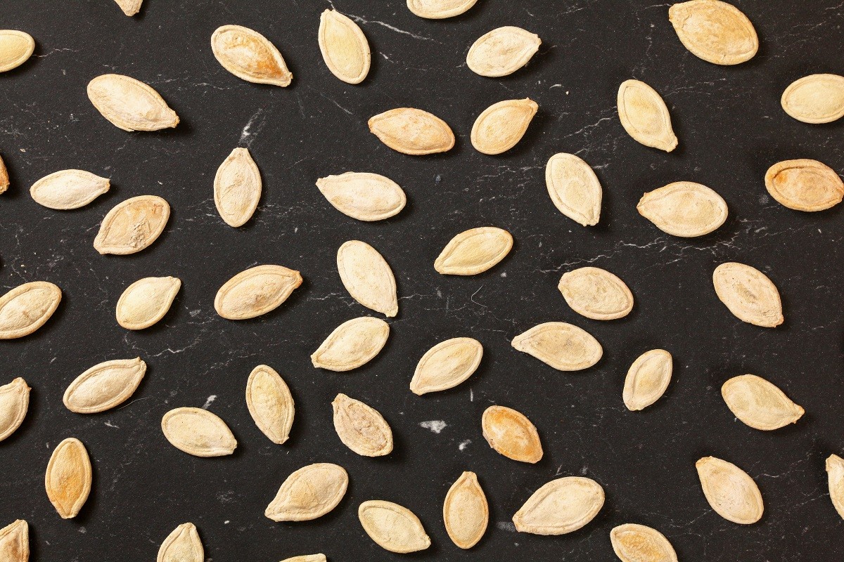 White roasted, salted pumpkin seeds on black marble like working board, overhead shot
