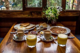 Two breakfasts consisting of coffee with milk, orange juice, butter, jams, toast, eggs and omelets, there is also a salt shaker, pepper shaker and a vase