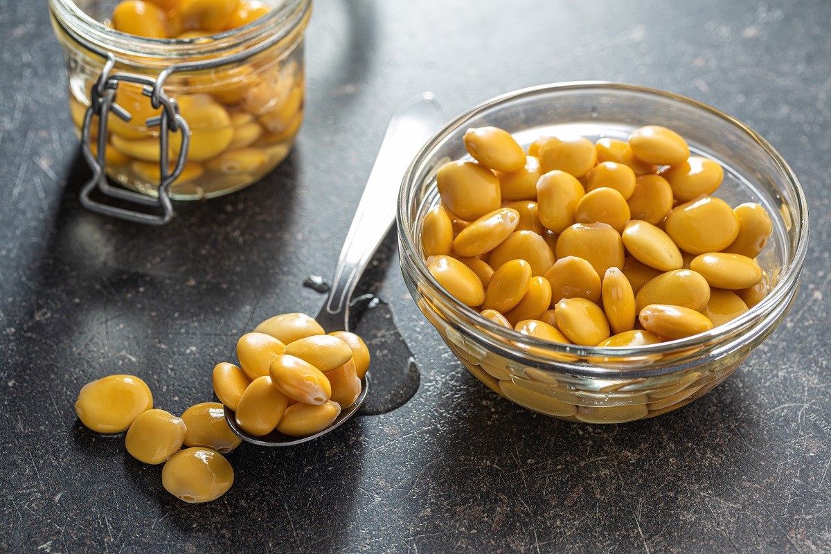 Pickled yellow Lupin Beans in bowl