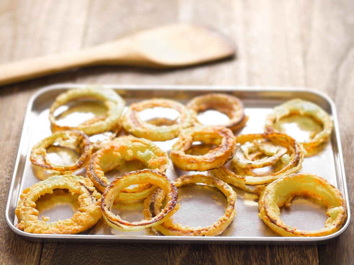 close up of a tray of onion rings