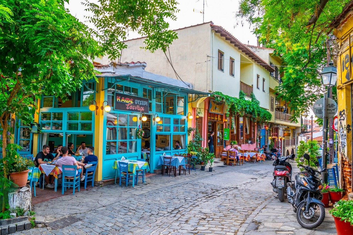 THESSALONIKI, GREECE, MAY 6, 2018: View of a narrow street in the old town of Thessaloniki, Greece