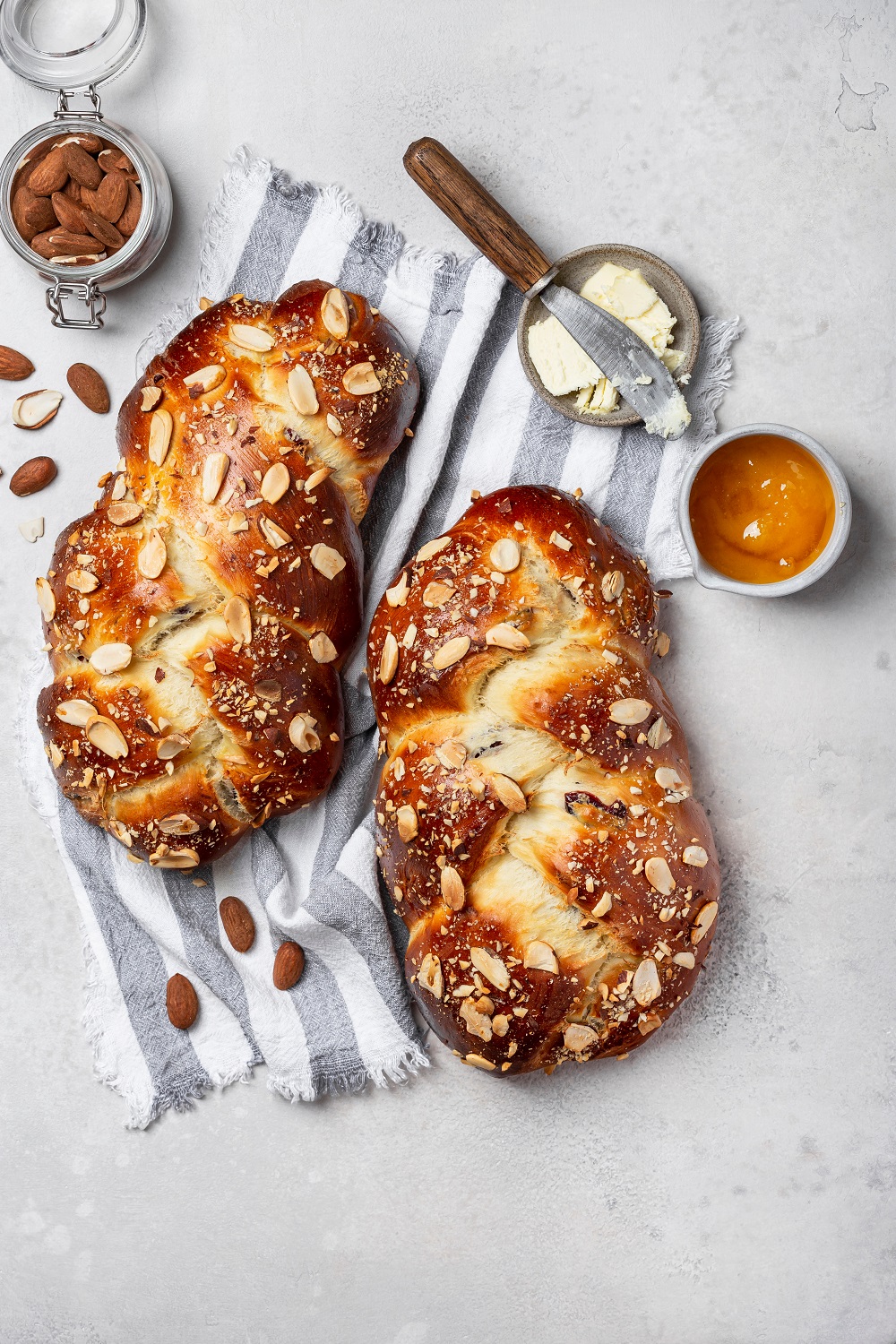 Sweet Challah traditional Jewish bread with almonds and cranberries