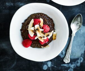 Chocolate, coconut and raspberry quinoa porridge