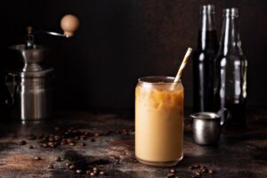 Cold brew iced coffee in glass bottles