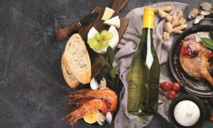 White wine Riesling with duck and snacks.