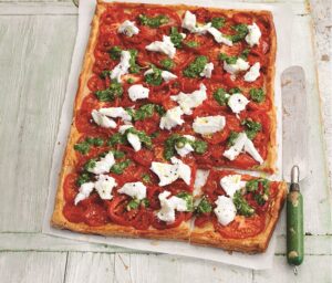 roast tomato tart with fresh mozarella and pestocover recipe