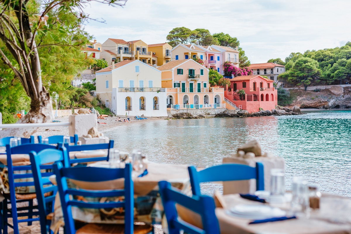 Table in Greek tavern in Assos fishing village, Kefalonia island, Greece