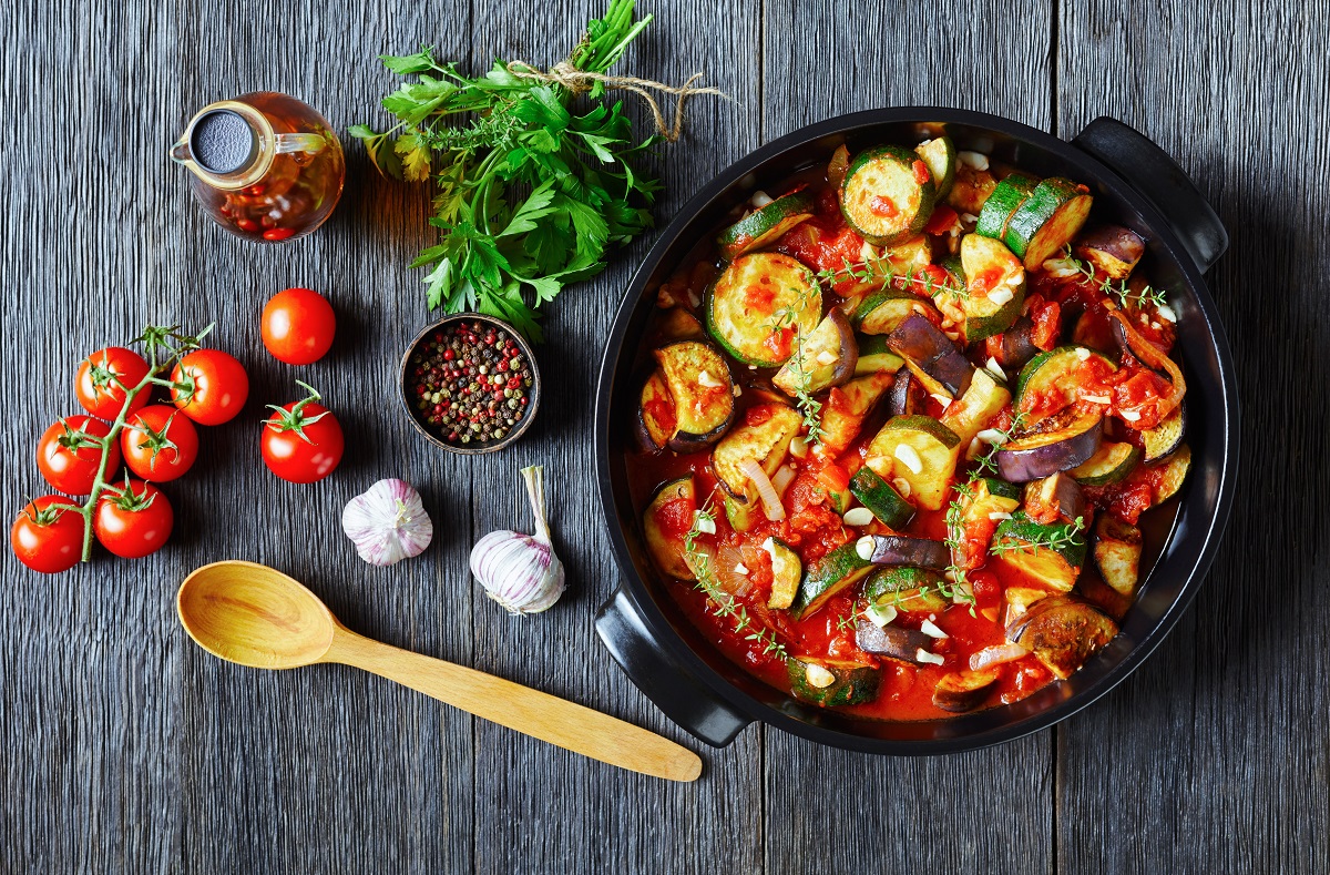 eggplant, onion, zucchini with spicy tomato sauce