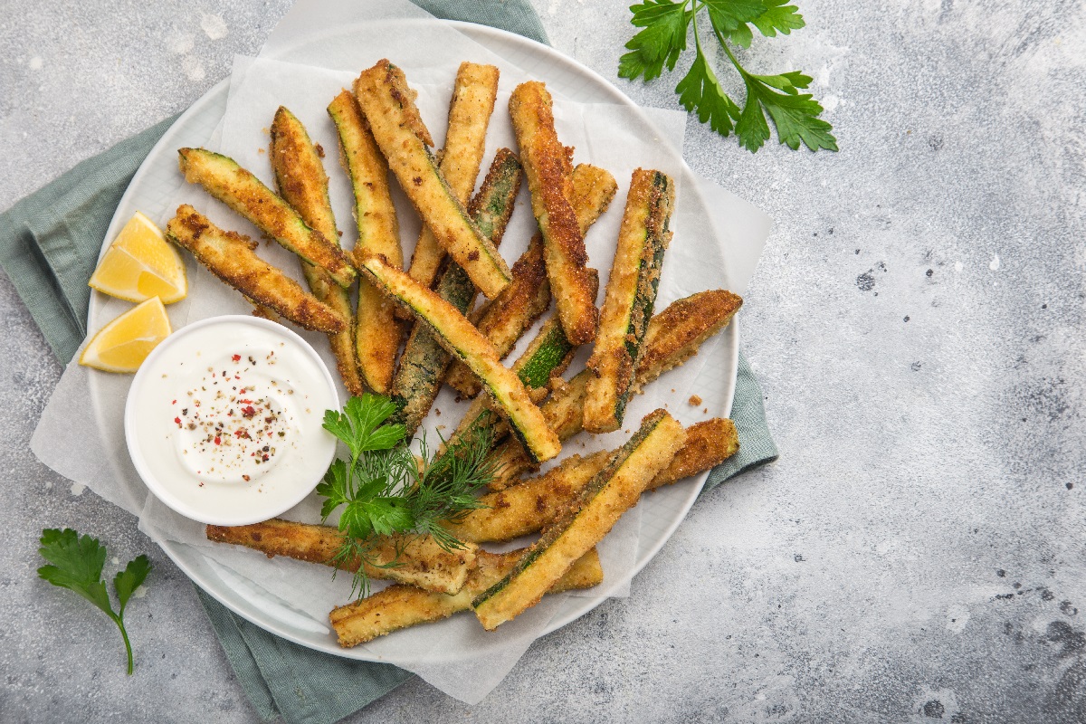 Crispy,Zucchini,Fries,With,Garlic,Yogurt,Sause.,Top,View,,Copy