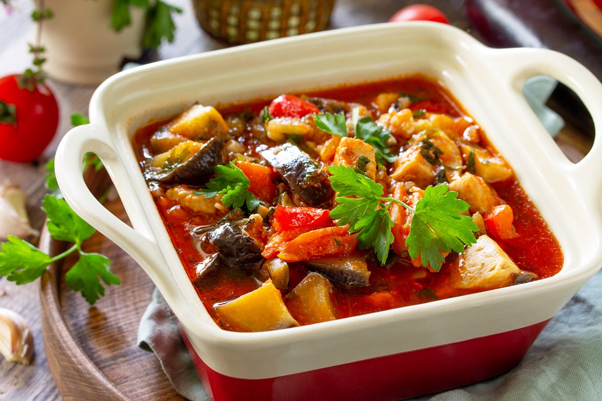 Thanksgiving Autumn Menu. Stewed meat with eggplant and eggplant