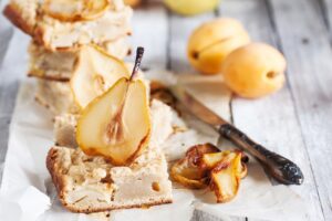 Close-up of pear pie with saffron and apricots