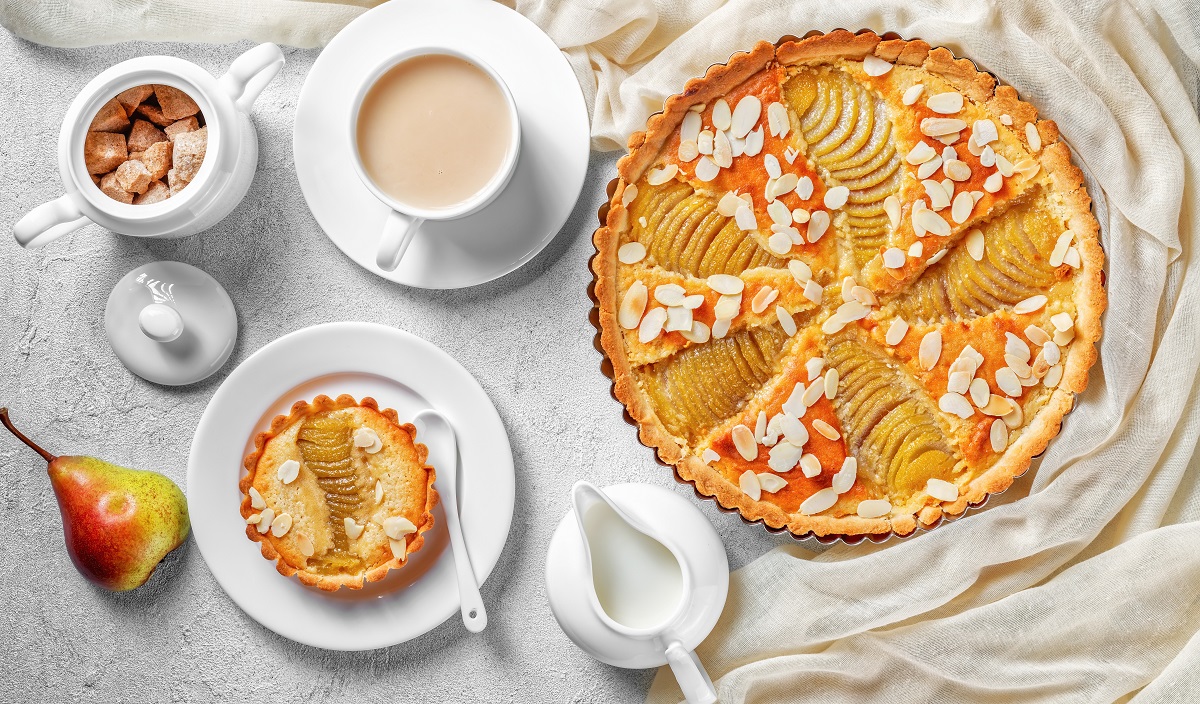 French poached Pear Tart on a table