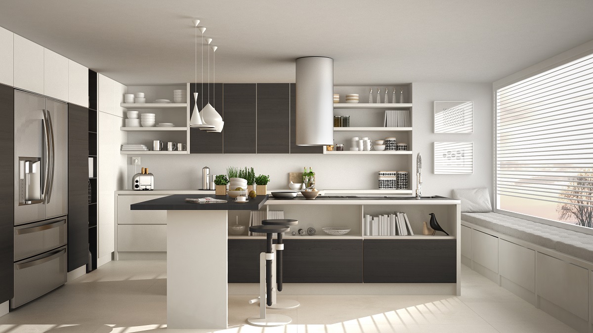 Modern,Wooden,Kitchen,With,Wooden,Details,And,Panoramic,Window,,White