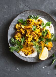 Roasted,Turmeric,Cauliflower,With,Greek,Yogurt,Dressing.,Delicious,Healthy,Snack